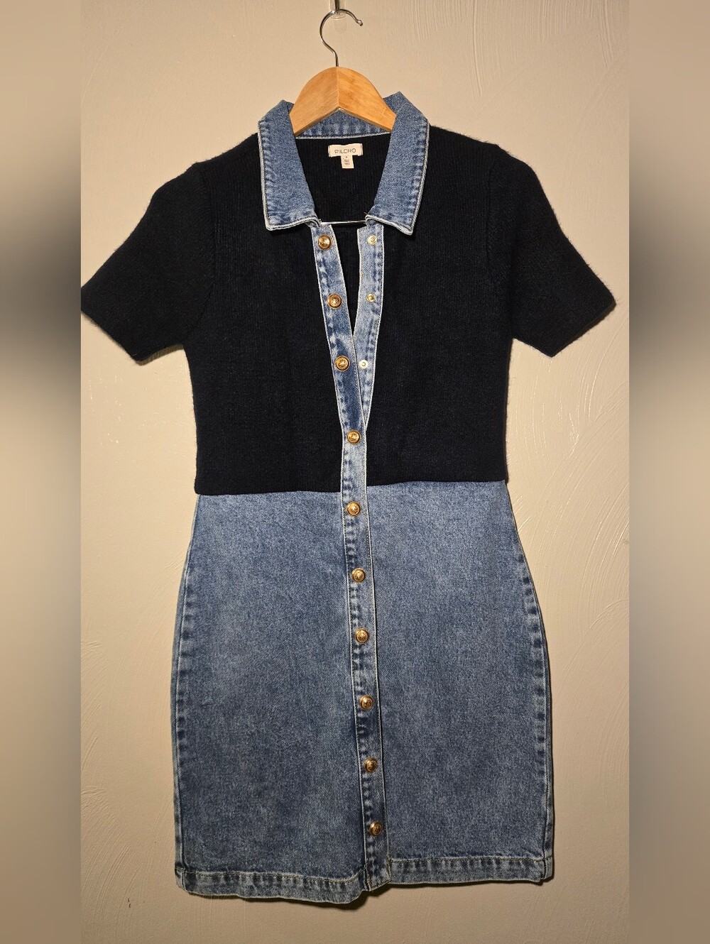 Pilcro Anthropologie - Collared Ink Blue Knit & Blue Denim Button-Front Dress by